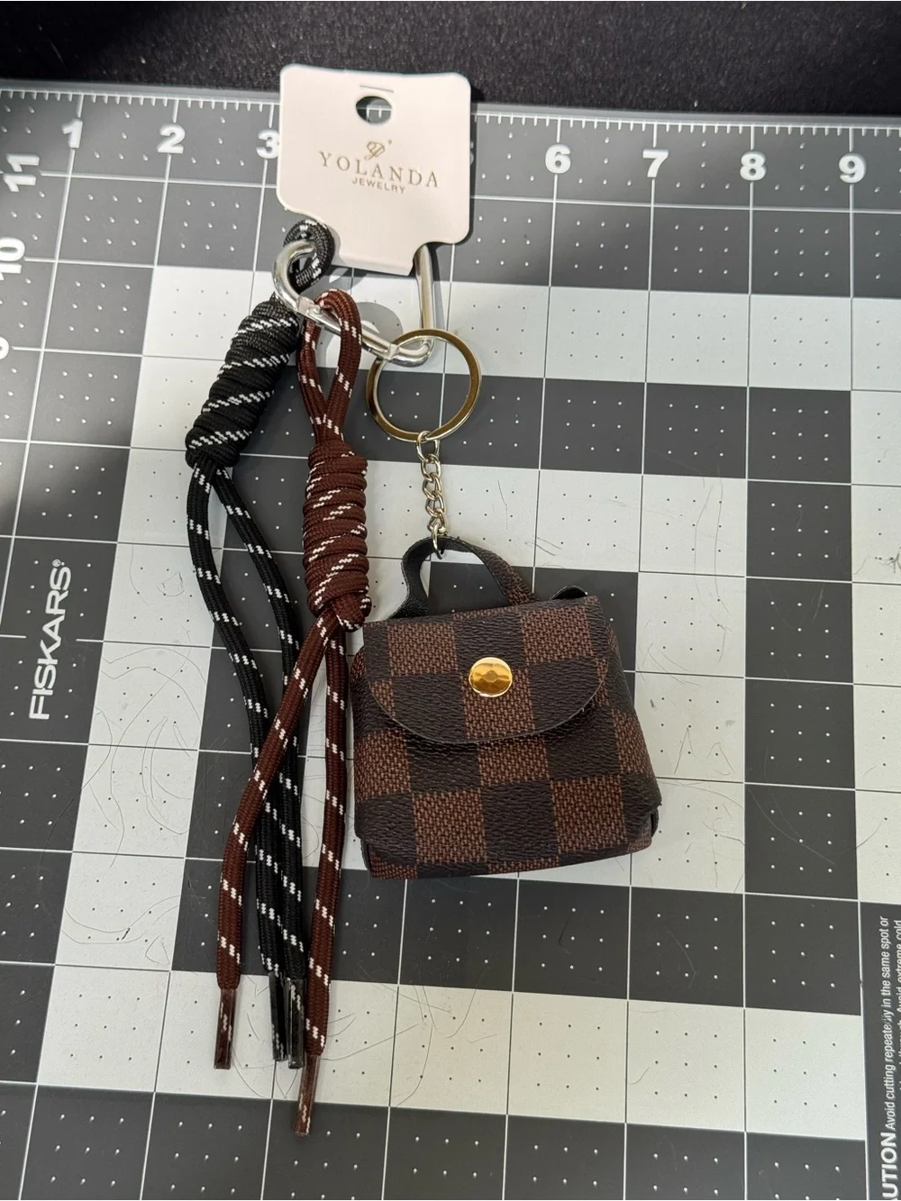 Mini Checkered Brown Faux Leather Bag Keychain